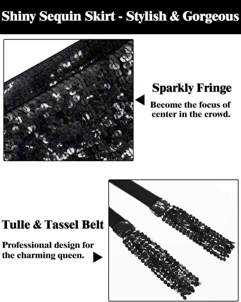 Sarfel Sequin Skirt Sparkly Skirt Belly Dance Skirt Glitter Skirt Rave Sparkle Skirt Sequin Tassel Skirt Fringe Hip Scarf Women - Image 4